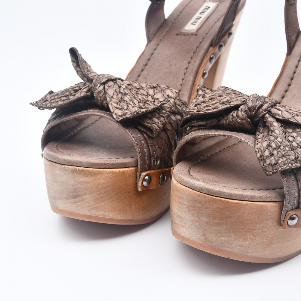 SOLD🥀 Miu Miu Snake Leather Bow Platform Strap Sandals Block Heel Dark Rose - Picture 12 of 14